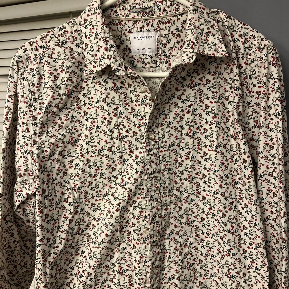 Denim & Flower Slim Fit Mens Floral Button-Up Shirt Sz L Long Sleeves